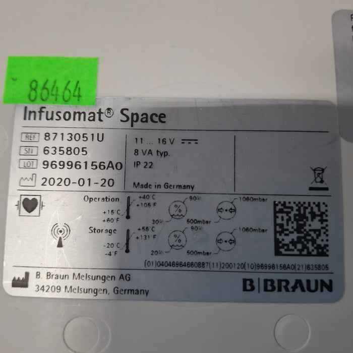 B. Braun Infusomat Space w/Pole Clamp & AC Adapter Infusion Pump