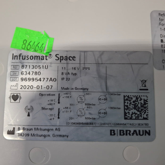 B. Braun Infusomat Space w/Pole Clamp & AC Adapter Infusion Pump
