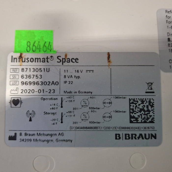 B. Braun Infusomat Space w/Pole Clamp & AC Adapter Infusion Pump