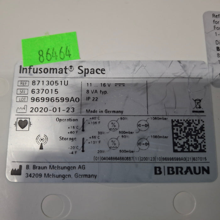 B. Braun Infusomat Space w/Pole Clamp & AC Adapter Infusion Pump