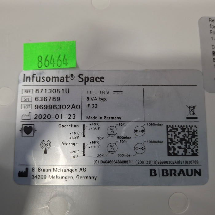 B. Braun Infusomat Space w/Pole Clamp & AC Adapter Infusion Pump