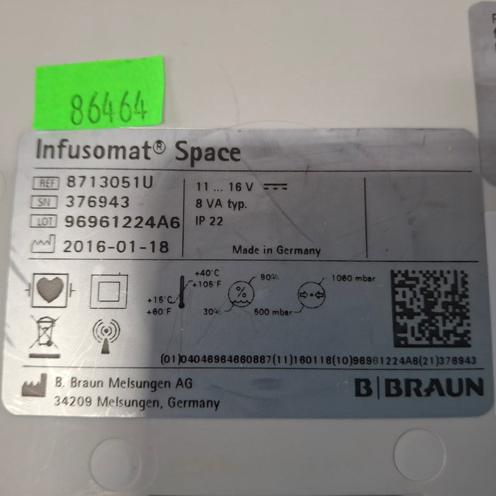 B. Braun Infusomat Space w/Pole Clamp & AC Adapter Infusion Pump