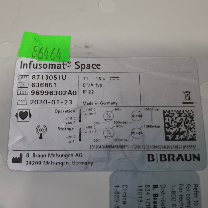 B. Braun Infusomat Space w/Pole Clamp & AC Adapter Infusion Pump