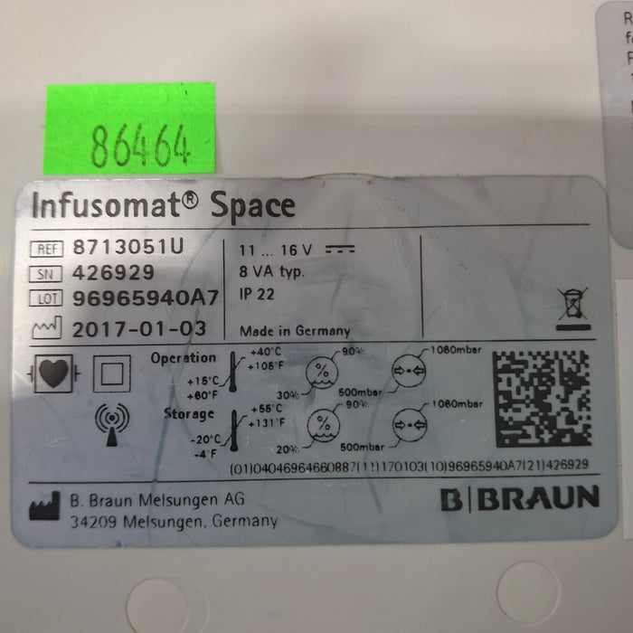 B. Braun Infusomat Space w/Pole Clamp & AC Adapter Infusion Pump