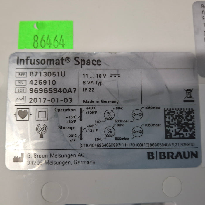 B. Braun Infusomat Space w/Pole Clamp & AC Adapter Infusion Pump