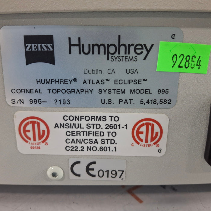 Carl Zeiss 995 Humphrey Atlas Eclipse Corneal Topography System