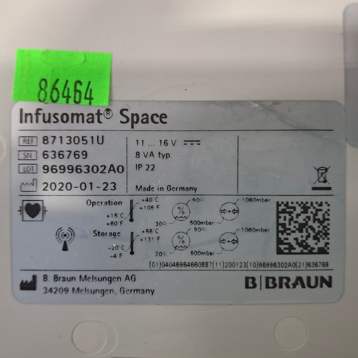 B. Braun Infusomat Space w/Pole Clamp & AC Adapter Infusion Pump