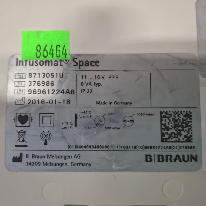 B. Braun Infusomat Space w/Pole Clamp & AC Adapter Infusion Pump