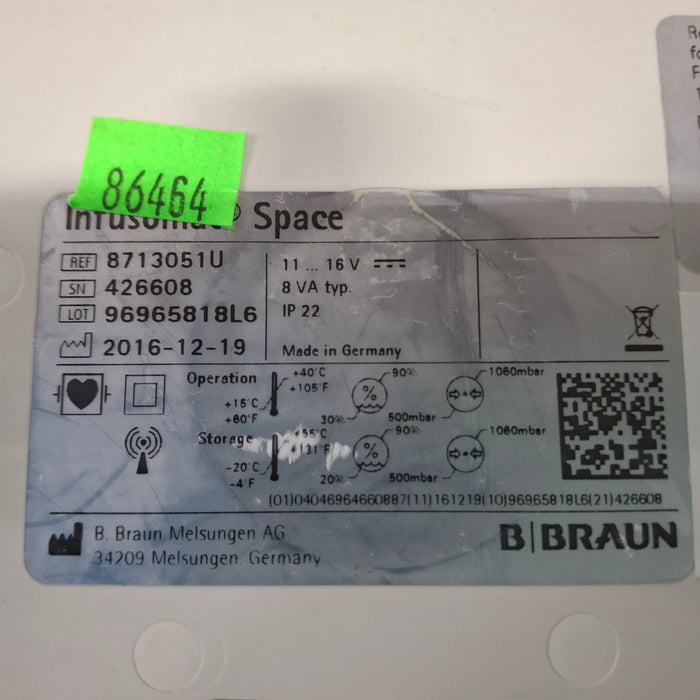 B. Braun Infusomat Space w/Pole Clamp & AC Adapter Infusion Pump