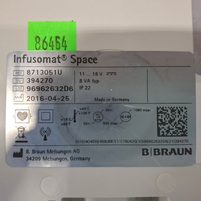 B. Braun Infusomat Space w/Pole Clamp & AC Adapter Infusion Pump