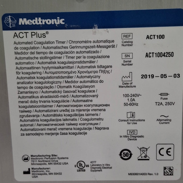 Medtronic ACT Plus Automated Coagulation Timer