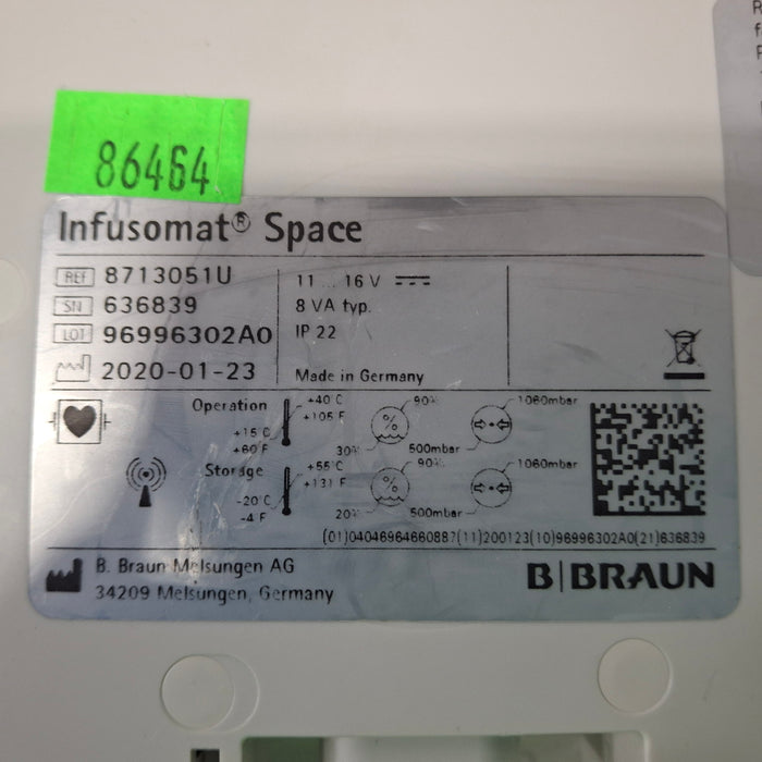 B. Braun Infusomat Space w/Pole Clamp & AC Adapter Infusion Pump