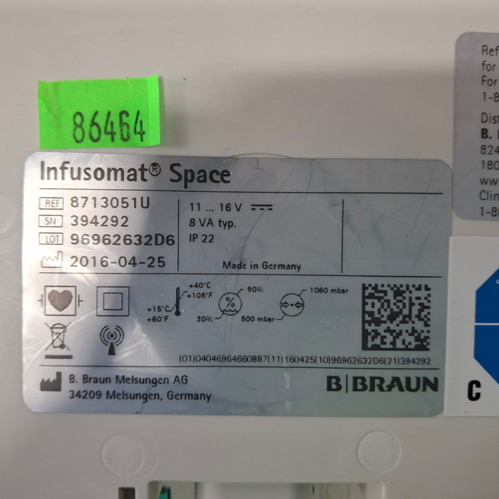 B. Braun Infusomat Space w/Pole Clamp & AC Adapter Infusion Pump