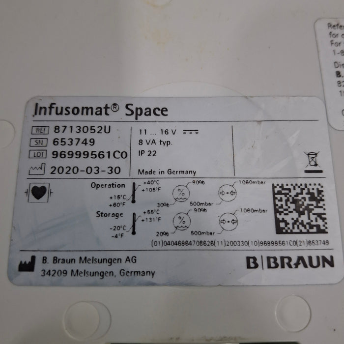 B. Braun Infusomat Space w/Pole Clamp & AC Adapter Infusion Pump