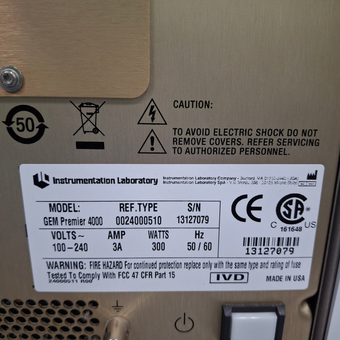 Instrumentation Laboratory Company Gem Premier 4000 Blood Gas Analyzer
