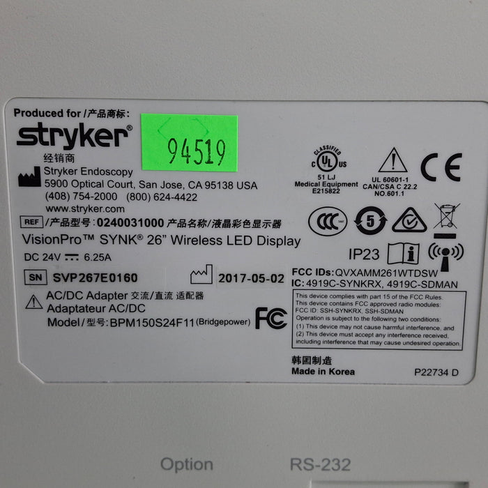 Stryker Stryker VisionPro SYNK 26 Wireless LED Display Rigid Endoscopy reLink Medical
