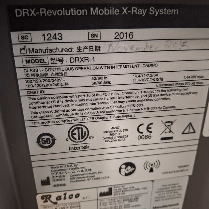 Carestream Health, Inc. DRX Revolution Model DRXR-1 Mobile X-Ray System