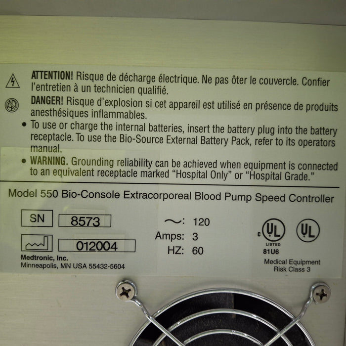 Medtronic 550 Bio Console Extracorporeal Blood Pump Controller