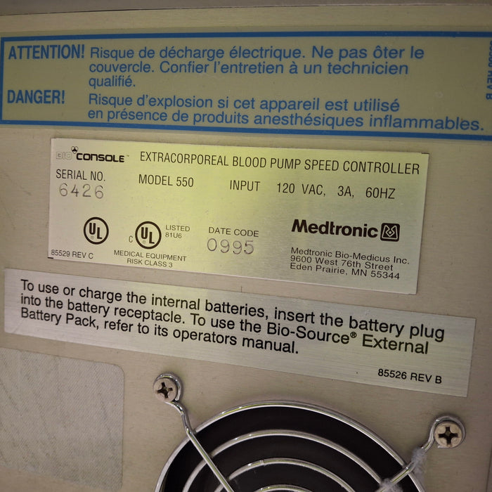 Medtronic 550 Bio Console Extracorporeal Blood Pump Controller