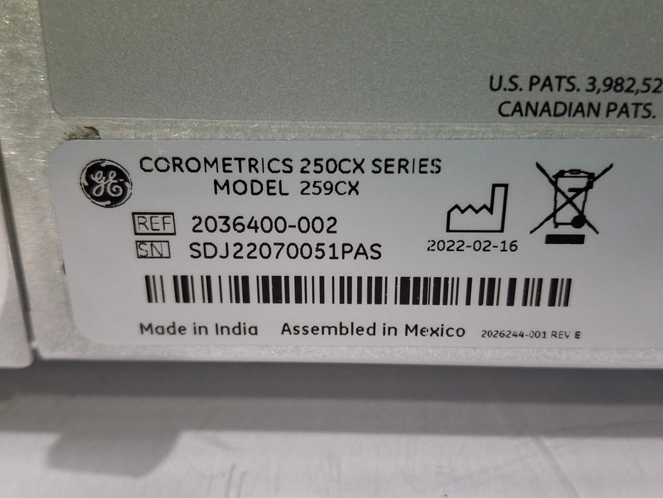 GE Healthcare Corometrics 250cx Series Model 259cx Fetal Monitor