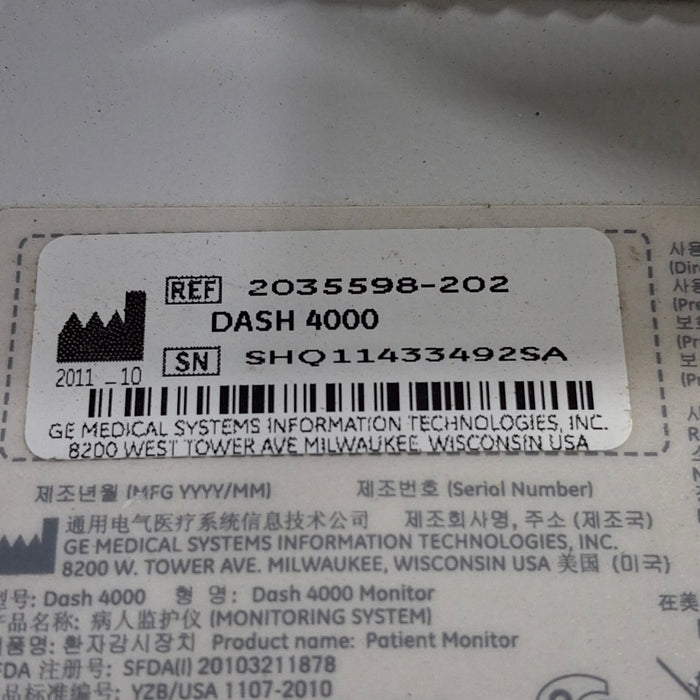 GE Healthcare Dash 4000 - Masimo SpO2 Patient Monitor