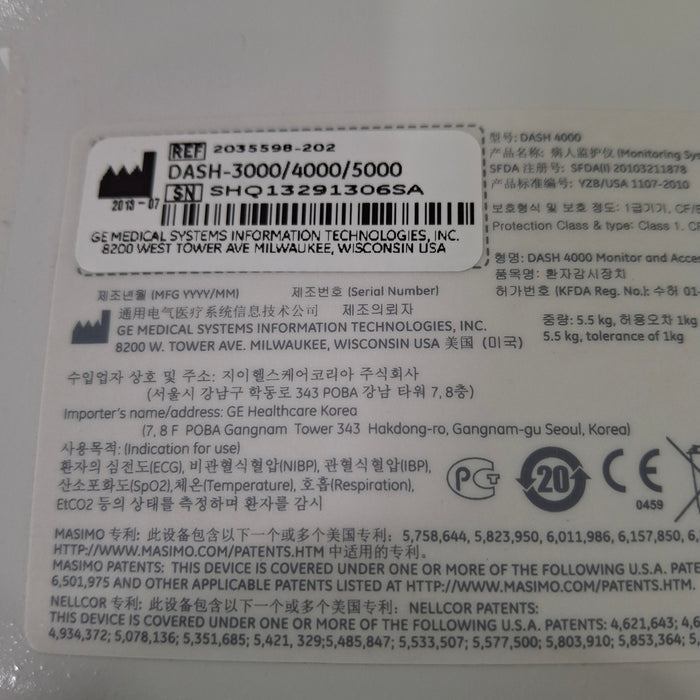 GE Healthcare Dash 4000 - Masimo SpO2 Patient Monitor