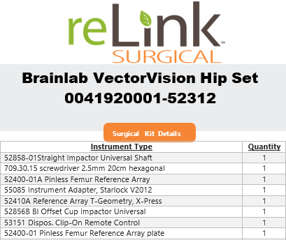 Brainlab, Inc. Brainlab, Inc. VectorVision Hip Surgical Navigation System Surgical Instruments reLink Medical