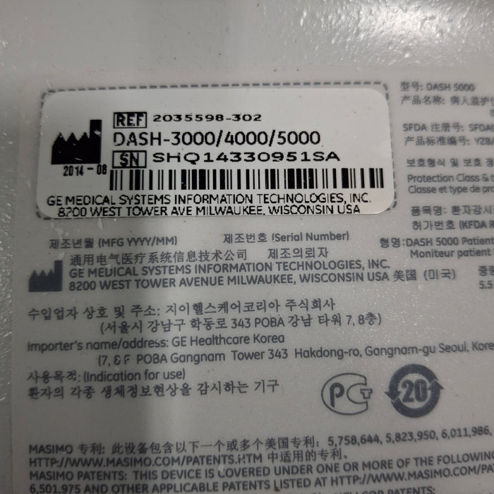 GE Healthcare Dash 5000 - Masimo SpO2 Patient Monitor