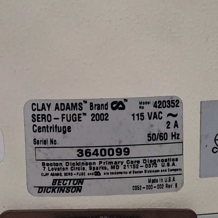 Clay Adams 420352 Sero-fuge 2002 2-Speed Centrifuge