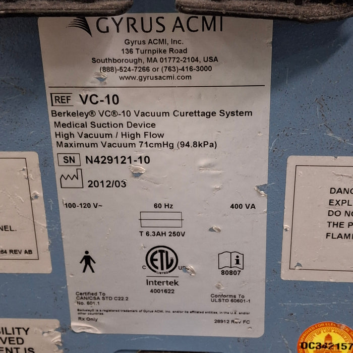 Gyrus Acmi, Inc. Gyrus Acmi, Inc. Berkeley VC-10 Vacuum Curettage System Surgical Equipment reLink Medical