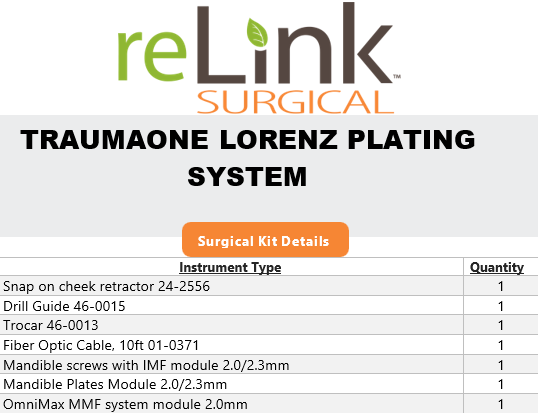 Biomet, Inc. Biomet, Inc. TraumaOne Lorenz Plating System 1.5mm/2.0mm/2.3mm Surgical Sets reLink Medical