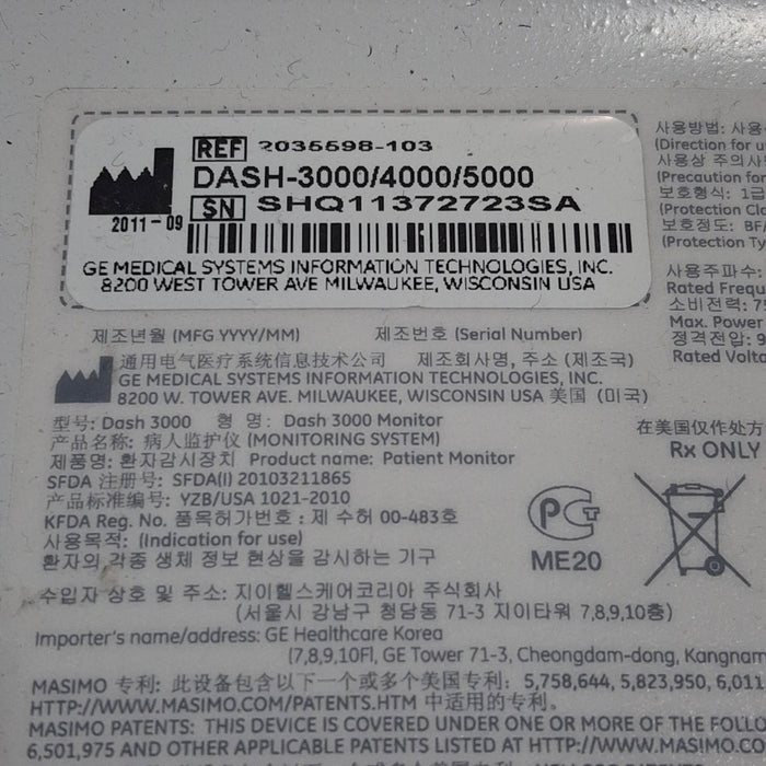 GE Healthcare GE Healthcare Dash 3000 - Masimo SpO2 Patient Monitor Patient Monitors reLink Medical