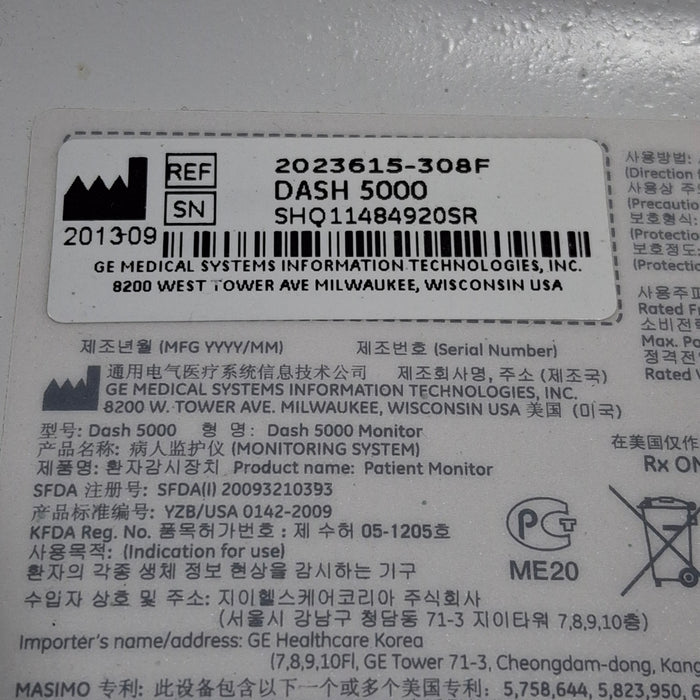 GE Healthcare Dash 5000 - Masimo SpO2 Patient Monitor
