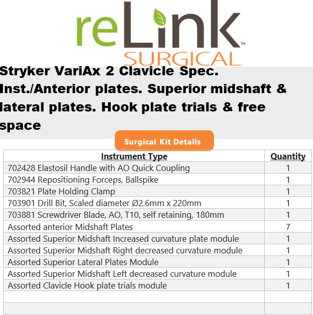 Stryker Stryker VariAx 2 Clavicle Add-on Set Surgical Sets reLink Medical