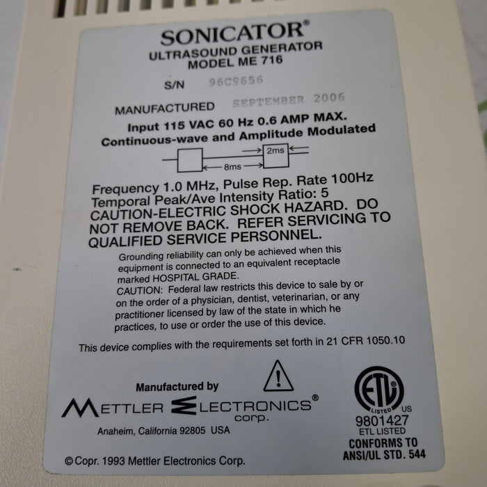 Mettler Electronics Sonicator ME 716 Ultrasound System