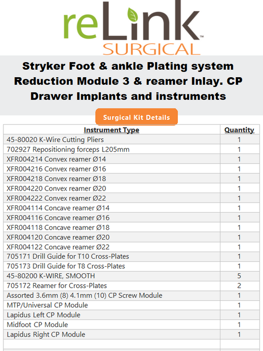Stryker Stryker Foot & Ankle Plating System Surgical Sets reLink Medical