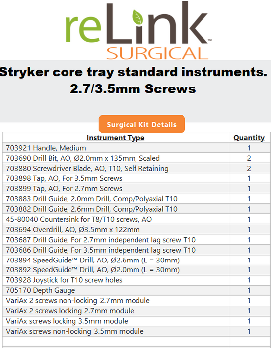 Stryker Stryker VariAx 2 Core Tray Surgical Sets reLink Medical