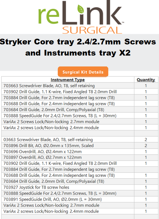 Stryker VariAx 2 Core Tray