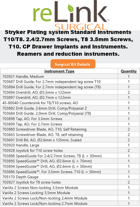 Stryker Stryker VariAx 2 F&A Plating System Surgical Sets reLink Medical