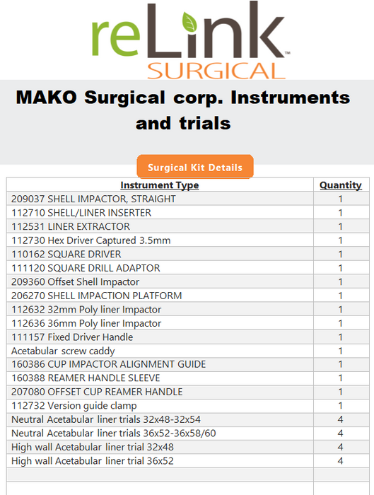 MAKO MAKO Instruments and Trials Surgical Set Surgical Sets reLink Online