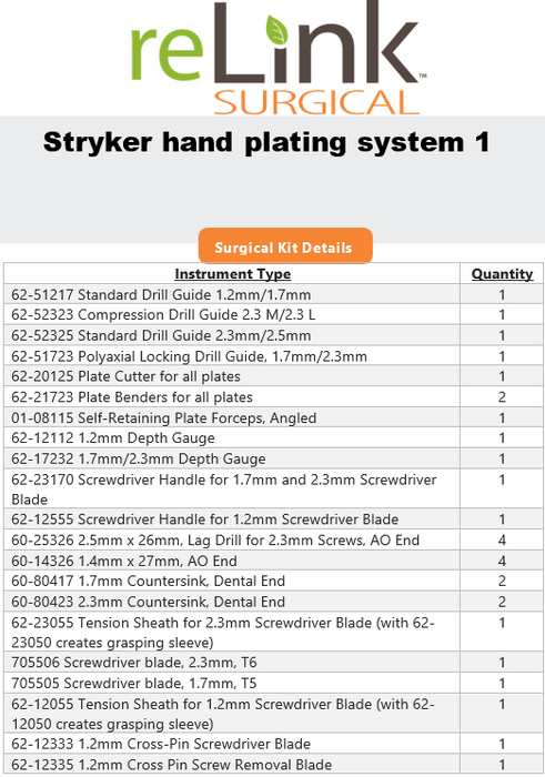 Stryker Stryker Hand Plating System Surgical Sets reLink Medical
