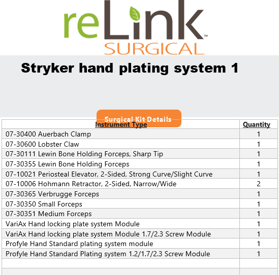Stryker Stryker Hand Plating System Surgical Sets reLink Medical