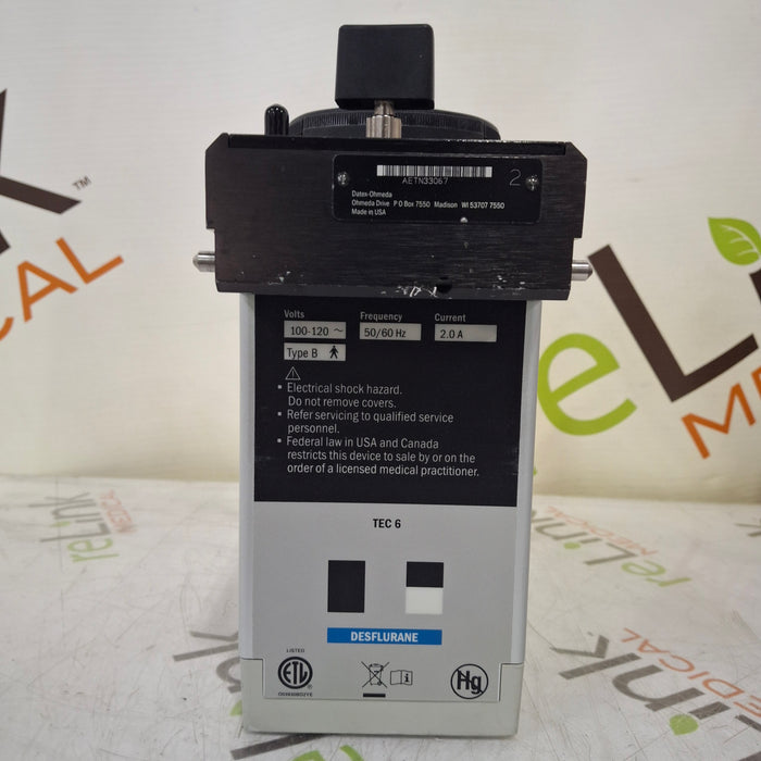 Datex-Ohmeda Datex-Ohmeda Tec 6 Plus Desflurane Vaporizer Anesthesia reLink Medical