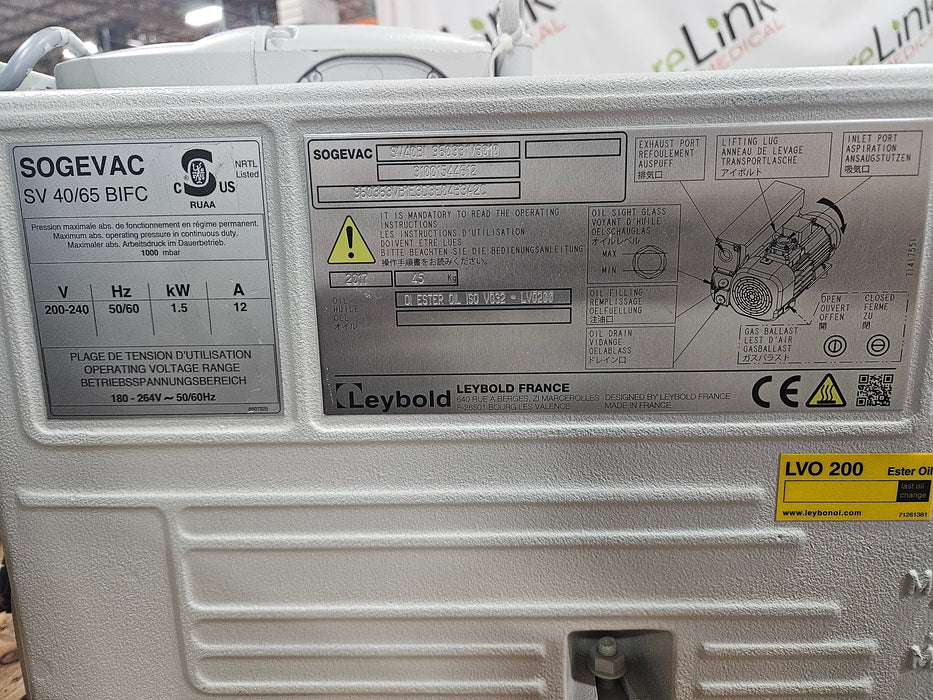 Leybold Leybold Sogevac Sv40 Bi Rotary Vane Vacuum Pump / Leroy Somer Ls100pr Motor Research Lab reLink Medical