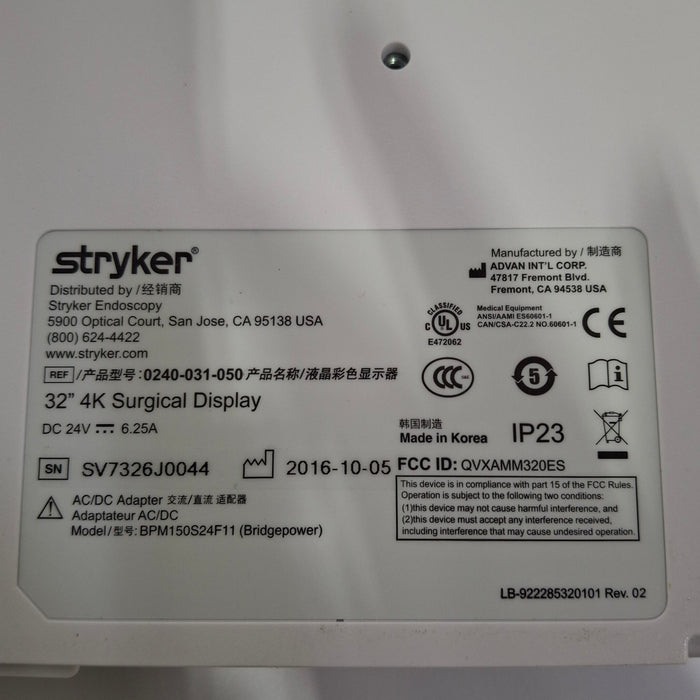 Stryker Stryker 32" 4K Surgical Display Monitor Rigid Endoscopy reLink Medical