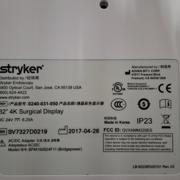 Stryker Stryker 32" 4K Surgical Display Monitor Rigid Endoscopy reLink Medical