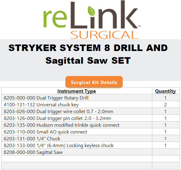Stryker Stryker System 8 8205 Rotary Drill & 8208 Sagittal Saw Set Surgical Sets reLink Medical