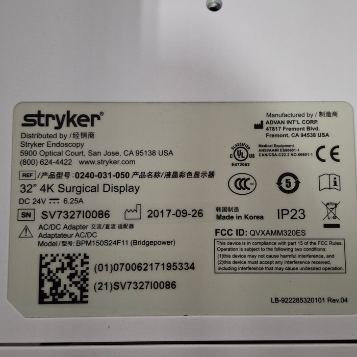 Stryker Stryker 32" 4K Surgical Display Monitor Rigid Endoscopy reLink Medical