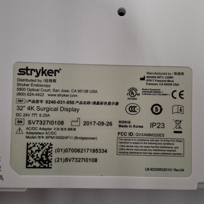 Stryker Stryker 32" 4K Surgical Display Monitor Rigid Endoscopy reLink Medical