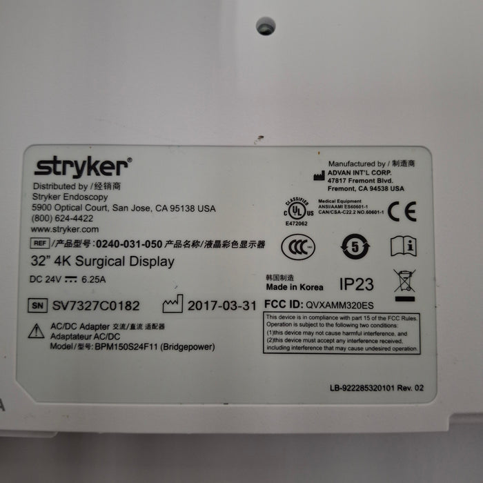 Stryker Stryker 32" 4K Surgical Display Monitor Rigid Endoscopy reLink Medical